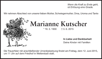Traueranzeige von Marianne Kutscher von Echo-Zeitungen (Gesamtausgabe)
