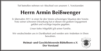 Traueranzeige von Armin Beißwenger von Rüsselsheimer Echo, Groß-Gerauer-Echo, Ried Echo