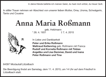 Traueranzeige von Anna Maria Roßmann von Echo-Zeitungen (Gesamtausgabe)