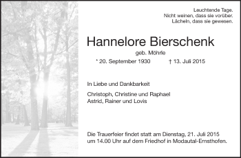Traueranzeige von Hannelore Bierschenk von Echo-Zeitungen (Gesamtausgabe)