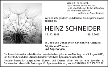 Traueranzeige von Heinz Schneider von Echo-Zeitungen (Gesamtausgabe)