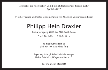Traueranzeige von Philipp Hein Draxler von Rüsselsheimer Echo, Groß-Gerauer-Echo, Ried Echo
