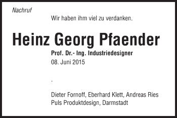 Traueranzeige von Heinz Georg Pfaender von Echo-Zeitungen (Gesamtausgabe)