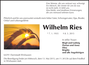 Traueranzeige von Wilhelm Ries von Echo-Zeitungen (Gesamtausgabe)