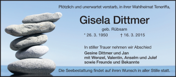 Traueranzeige von Gisela Dittmer von Echo-Zeitungen (Gesamtausgabe)