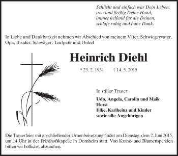 Traueranzeige von Heinrich Diehl von Rüsselsheimer Echo, Groß-Gerauer-Echo, Ried Echo