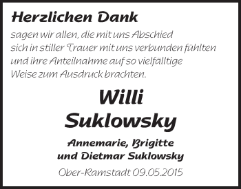 Traueranzeige von Willi Suklowsky von Echo-Zeitungen (Gesamtausgabe)