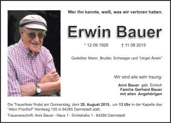 Traueranzeige von Erwin Bauer von trauer.echo-online.de