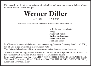 Traueranzeige von Werner Diller von Rüsselsheimer Echo, Groß-Gerauer-Echo, Ried Echo