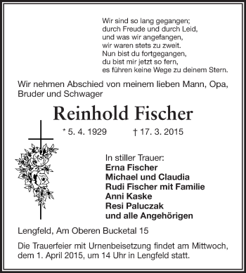 Traueranzeige von Reinhold Fischer von Echo-Zeitungen (Gesamtausgabe)