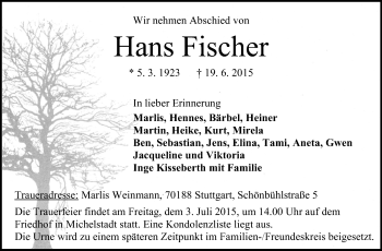 Traueranzeige von Hans Fischer von Echo-Zeitungen (Gesamtausgabe)