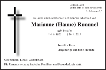 Traueranzeige von Marianne Rummel von Odenwälder Echo