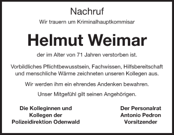 Traueranzeige von Helmut Weimar von Odenwälder Echo