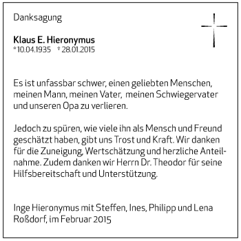 Traueranzeige von Klaus E. Hieronymus von Echo-Zeitungen (Gesamtausgabe)