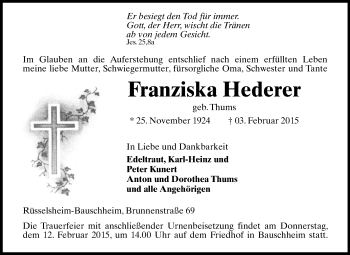Traueranzeige von Franziska Hederer von Rüsselsheimer Echo, Groß-Gerauer-Echo, Ried Echo