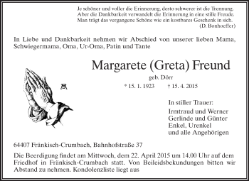 Traueranzeige von Margarete Freund von Odenwälder Echo