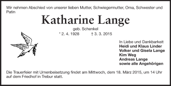 Traueranzeige von Katharina Lange von Rüsselsheimer Echo, Groß-Gerauer-Echo, Ried Echo