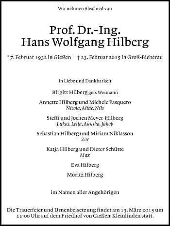 Traueranzeige von Hans Wolfgang Hilberg von Echo-Zeitungen (Gesamtausgabe)