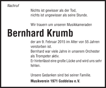 Traueranzeige von Bernhard Krumb von Rüsselsheimer Echo, Groß-Gerauer-Echo, Ried Echo