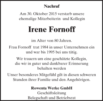 Traueranzeige von Irene Fornoff von trauer.echo-online.de