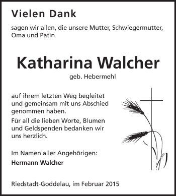 Traueranzeige von Katharina Walcher von Rüsselsheimer Echo, Groß-Gerauer-Echo, Ried Echo