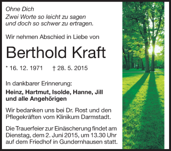Traueranzeige von Berthold Kraft von Echo-Zeitungen (Gesamtausgabe)