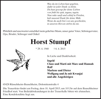 Traueranzeige von Horst Stumpf von Rüsselsheimer Echo, Groß-Gerauer-Echo, Ried Echo
