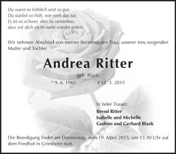 Traueranzeige von Andrea Ritter von Echo-Zeitungen (Gesamtausgabe)
