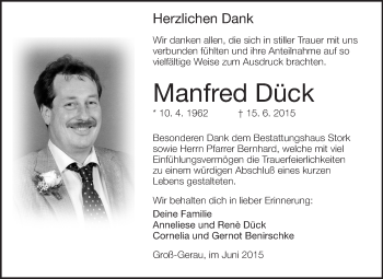 Traueranzeige von Manfred Dück von Rüsselsheimer Echo, Groß-Gerauer-Echo, Ried Echo