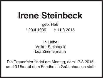 Traueranzeige von Irene Steinbeck von trauer.echo-online.de