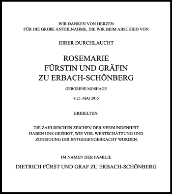 Traueranzeige von Rosemarie zu Erbach-Schönberg von Rüsselsheimer Echo, Groß-Gerauer-Echo, Ried Echo