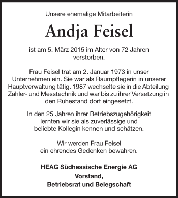 Traueranzeige von Andja Feisel von Darmstädter Echo, Odenwälder Echo, Rüsselsheimer Echo, Groß-Gerauer-Echo, Ried Echo
