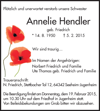 Traueranzeige von Annelle Hendler von Echo-Zeitungen (Gesamtausgabe)