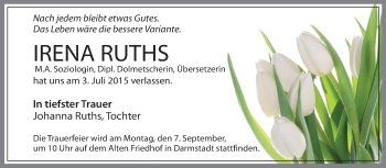 Traueranzeige von Irena Ruths von Echo-Zeitungen (Gesamtausgabe)