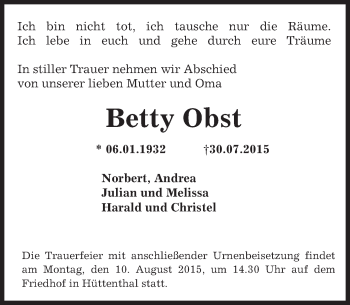 Traueranzeige von Betty Obst von trauer.echo-online.de