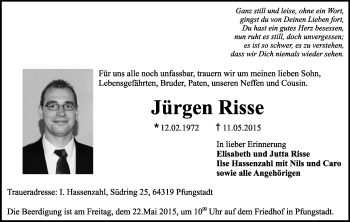 Traueranzeige von Jürgen Risse von Echo-Zeitungen (Gesamtausgabe)