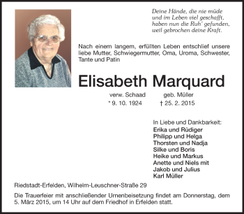 Traueranzeige von Elisabeth Marquard von Rüsselsheimer Echo, Groß-Gerauer-Echo, Ried Echo