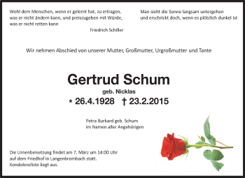 Traueranzeige von Gertrud Schum von Odenwälder Echo