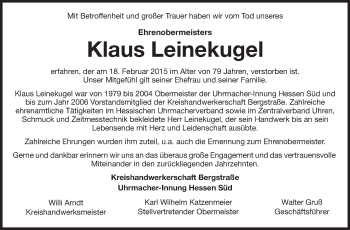 Traueranzeige von Klaus Leinekugel von Rüsselsheimer Echo, Groß-Gerauer-Echo, Ried Echo