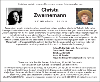 Traueranzeige von Christa Zwernemann von Echo-Zeitungen (Gesamtausgabe)