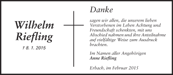 Traueranzeige von Wilhelm Riefling von Odenwälder Echo