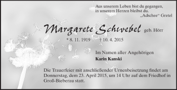 Traueranzeige von Margarete Schwebel von Echo-Zeitungen (Gesamtausgabe)