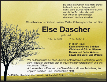 Traueranzeige von Else Dascher von Echo-Zeitungen (Gesamtausgabe)