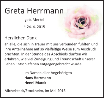 Traueranzeige von Greta Herrmann von Odenwälder Echo