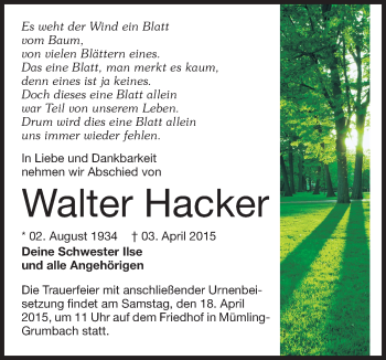 Traueranzeige von Walter Hacker von Odenwälder Echo