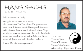 Traueranzeige von Hans Sachs von Echo-Zeitungen (Gesamtausgabe)