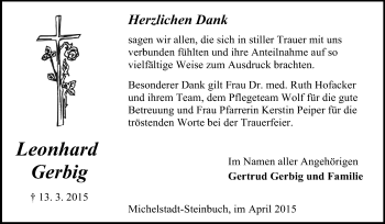 Traueranzeige von Leonhard Gerbig von Odenwälder Echo