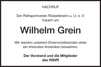 Traueranzeige von Wilhelm Grein von Rüsselsheimer Echo, Groß-Gerauer-Echo, Ried Echo