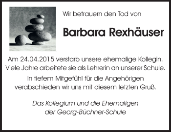 Traueranzeige von Barbara Rexhäuser von Rüsselsheimer Echo, Groß-Gerauer-Echo, Ried Echo