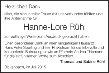 Traueranzeige von Hanne-Lore Rühl von Echo-Zeitungen (Gesamtausgabe)